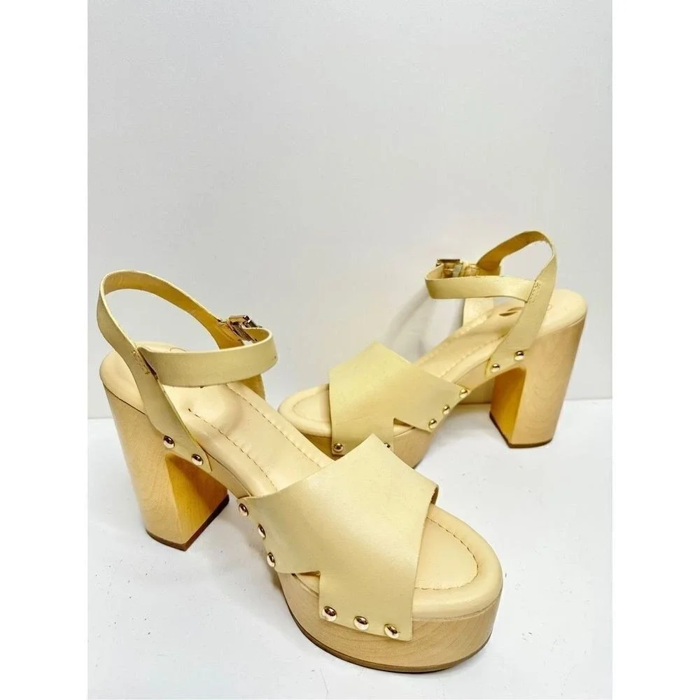 Sarto by Franco Sarto Wally Cream Leather Wood Platform Block Heel Sandals 9